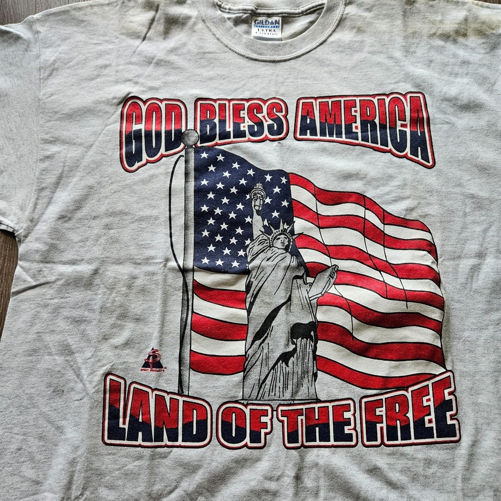 Vintage Y2K God Bless America T Shirt XXL USA Flag Statue Liberty 2XL Gray - Picture 2 of 10